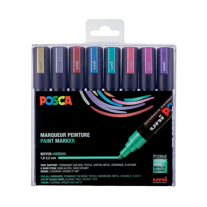 POSCA uni-ball 182520 - POSCA Marker mit mittelfeiner Rundspitze, 8er Set, Metallic Metallfarben 8 S