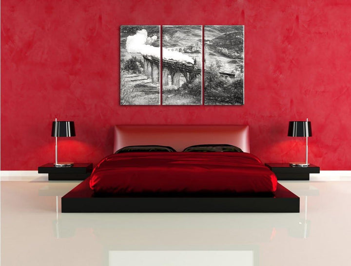 Pixxprint Dampflokomotive / 3-Teilig/Gesamtmass 120cm Leinwandbild bespannt auf Holzrahmen/Wandbild