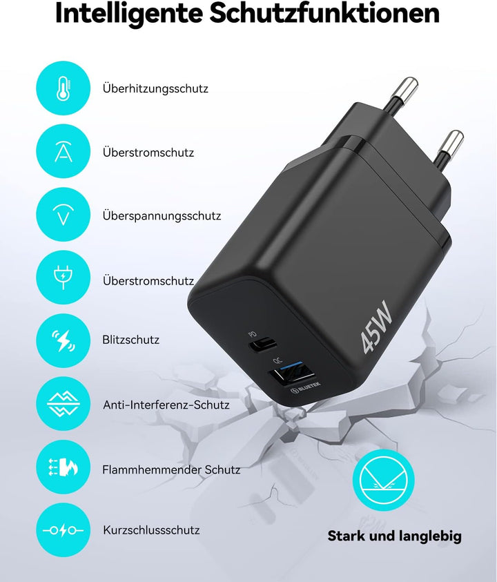TECKNET 45W USB C ladegerät, 2-Port (1 USB C+1 USB) GAN Ⅲ Netzteil mit einen USB C auf USB C Ladekab