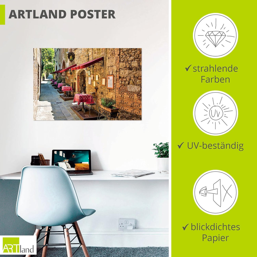 ARTland Poster Kunstdruck Wandposter Bild ohne Rahmen 90x60 cm Toskana Italien Stadt Altstadt Restau