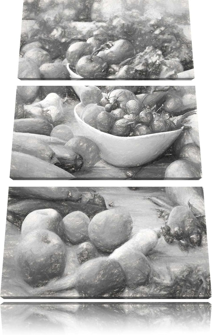Pixxprint Buntes Obst und Gemüse Kohle Zeichnung Effekt 3-Teiler Leinwandbild 120x80 Bild auf Leinwa