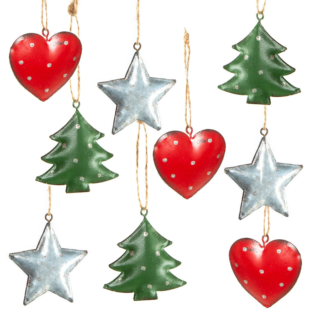 Metallanhänger Weihnachten 8 Stück – Herz, Stern, Baum in Rot Grün Silber 5,5 cm – Nostalgischer Chr