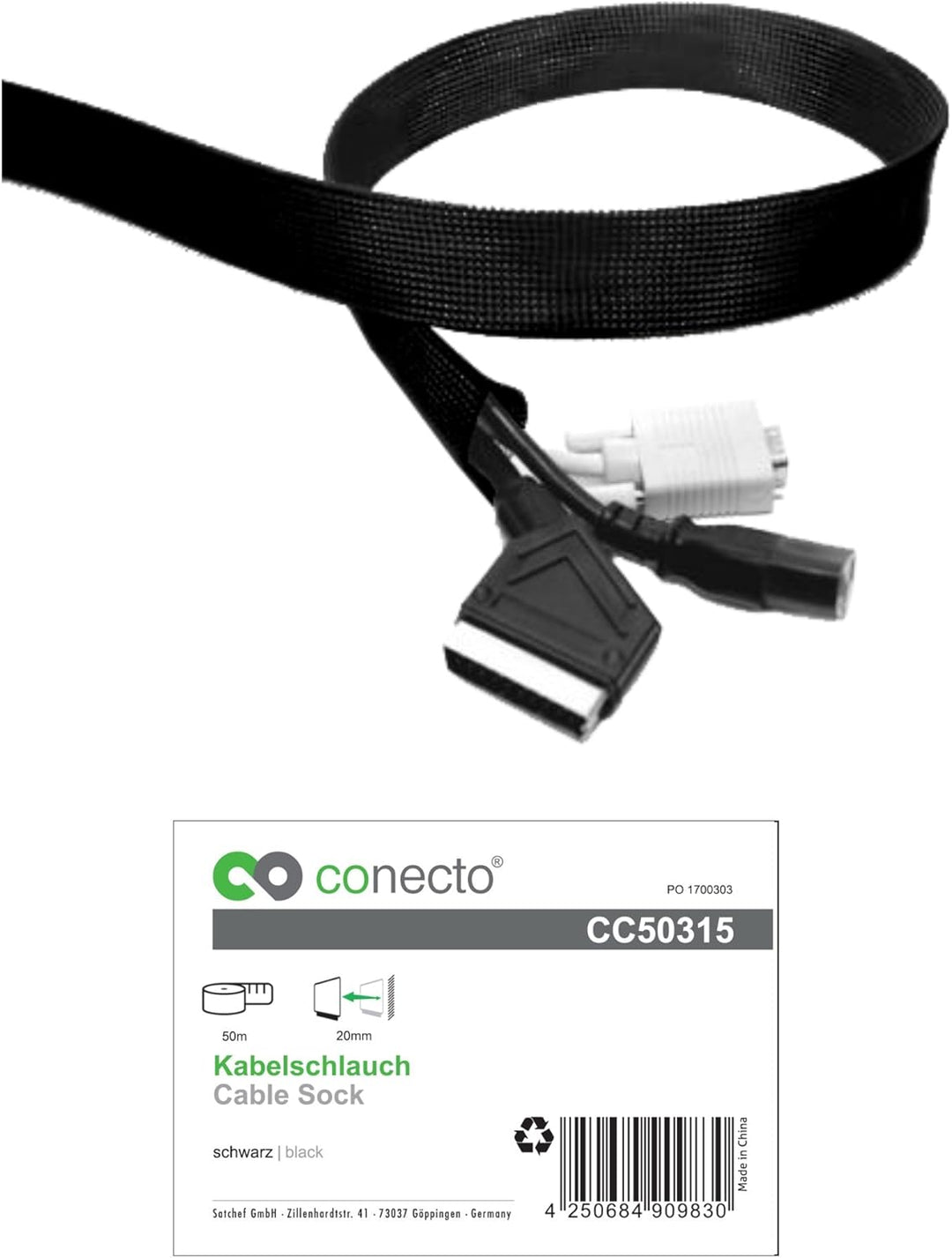 conecto CC50315 Universeller Polyester-Kabelschlauch, selbst zusammenziehend, Ø 20mm, Rolle 50m, sch