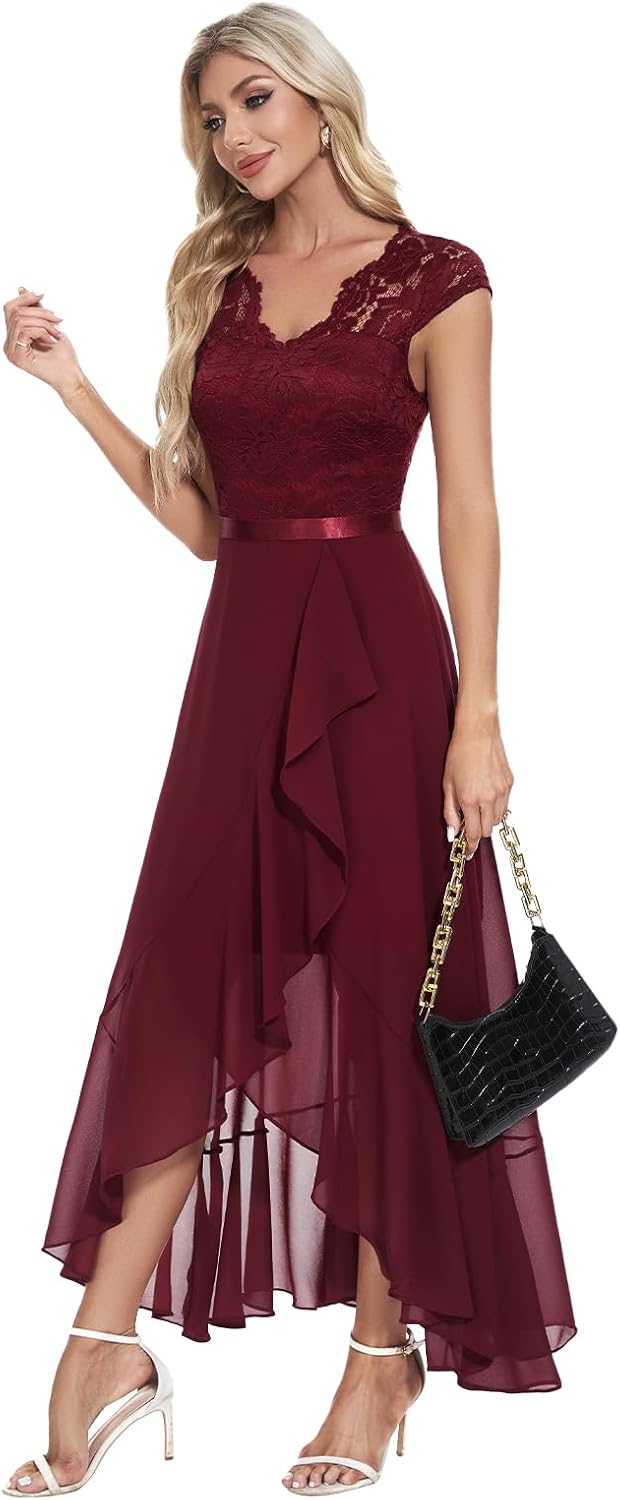 Bbonlinedress Abendkleider elegant für Hochzeit Spitzenkleid Chiffon Hi-Lo Kleid Brautjunferkleid Pa