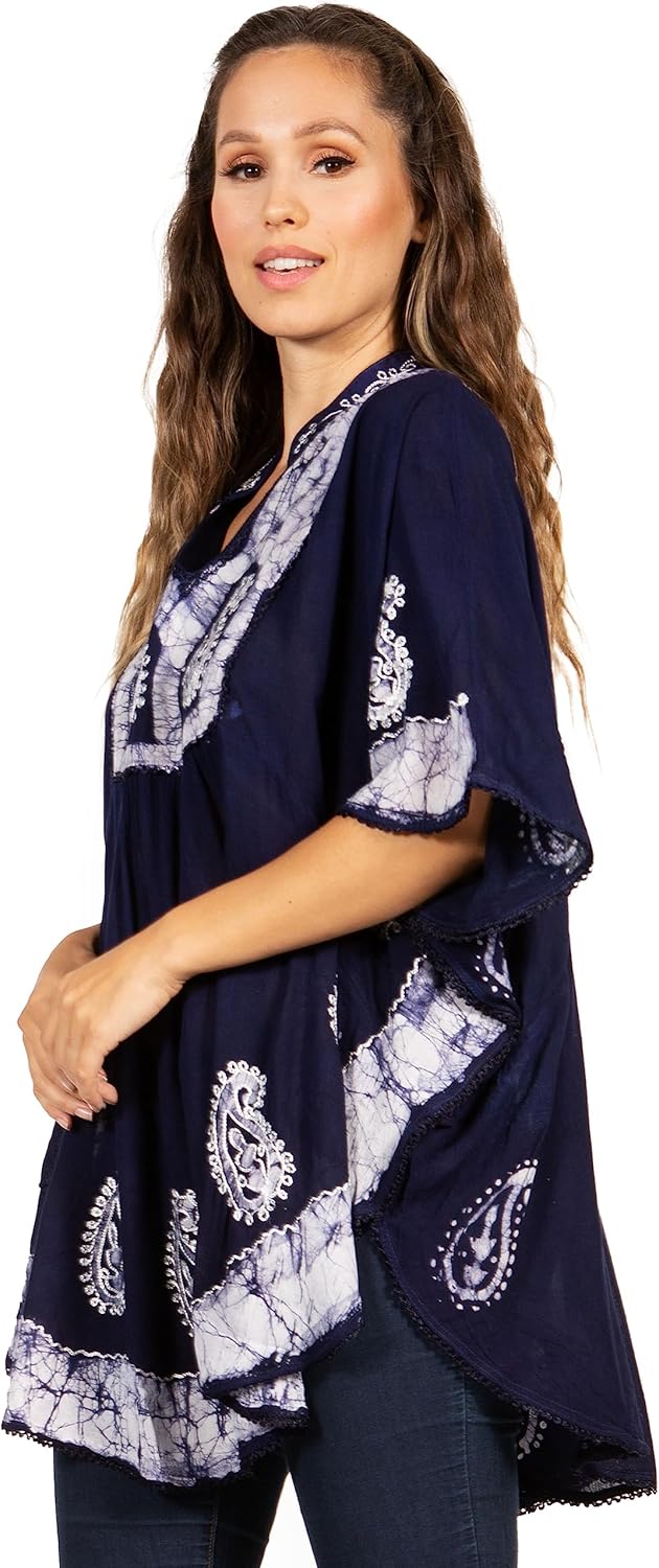 Sakkas Amori V-Ausschnitt Stickerei Poncho Top/vertuschen Einheitsgrösse Marine / Weiss, Einheitsgrö