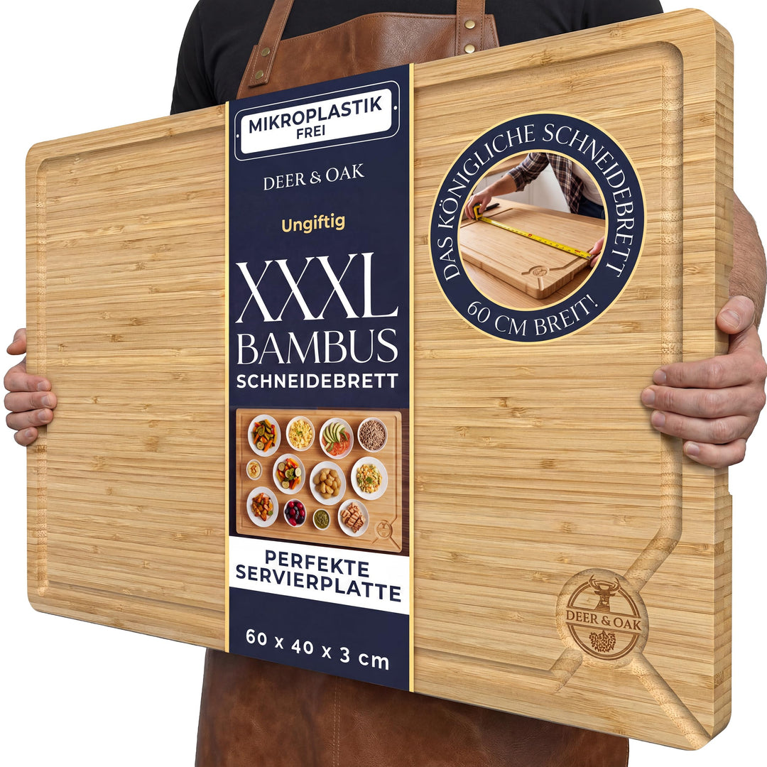 Deer & Oak Schneidebrett Holz XXXL 60 x 40 x 3,2cm Premium Holzbrett Küche, 60cm Bambus Schneidebret