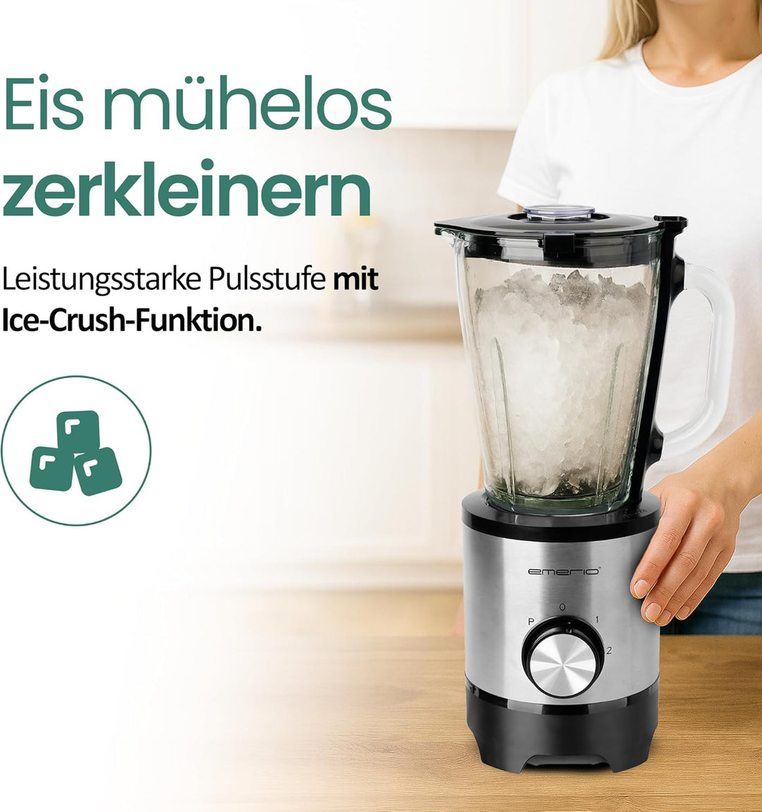 EMERIO Standmixer mit 1.5L Glasbehälter | BPA frei | Crush Ice Funktion | 2 Geschwindigkeiten + Puls