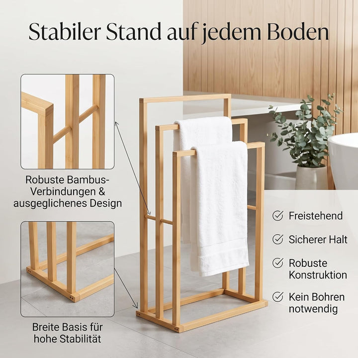 hausleben® TT10804 Handtuchhalter aus Bambus – 3 Handtuchstangen | Freistehender Handtuchständer 42×