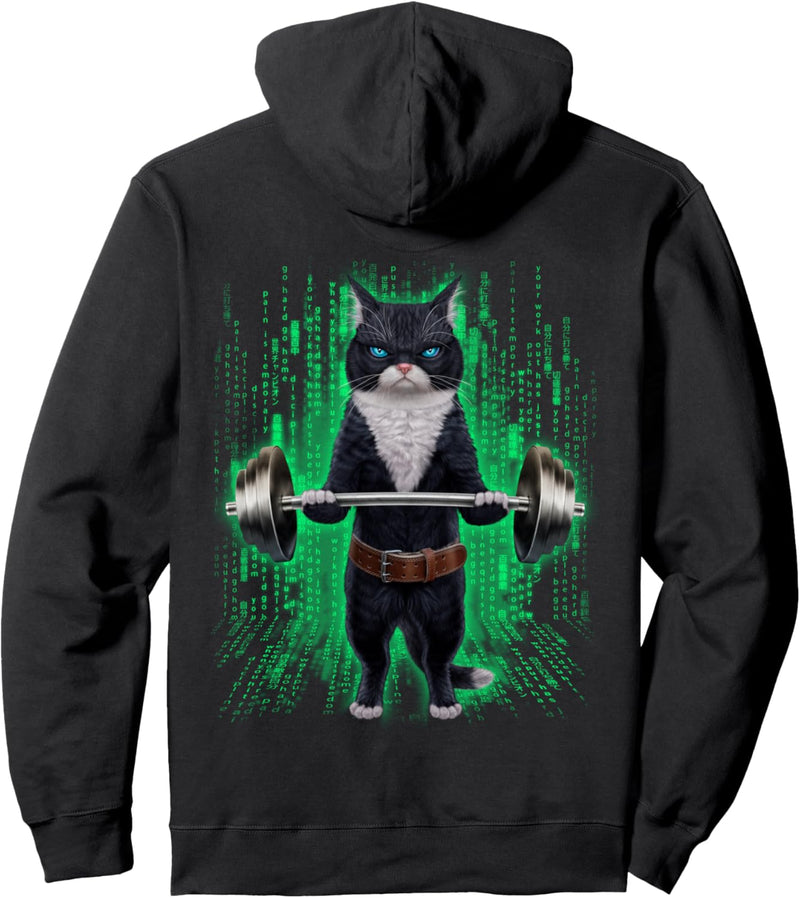 Bicolor Katze, die Gewichte im Cyber-Fitnessstudio hebt Pullover Hoodie