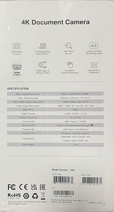 VIISAN P4H HDMI/USB-Dokumentenkamera, Webcam & Overhead-Scanner. Auflösung 4K 30fps 13MP Sensor Auto