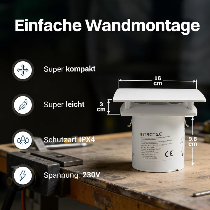 Intratec PUROVENT PRO Badlüfter mit Zeitschaltuhr – IPX4 Lüfter 100mm 98m³/h 37dB 230V Bad Badezimme