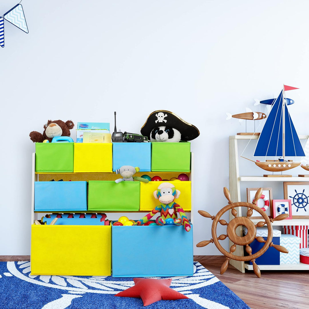 Relaxdays Kinderregal mit 9 Stoffboxen, Lagerfeuer Kindermotiv, Spielzeugregal Organizer HBT 66 x 82