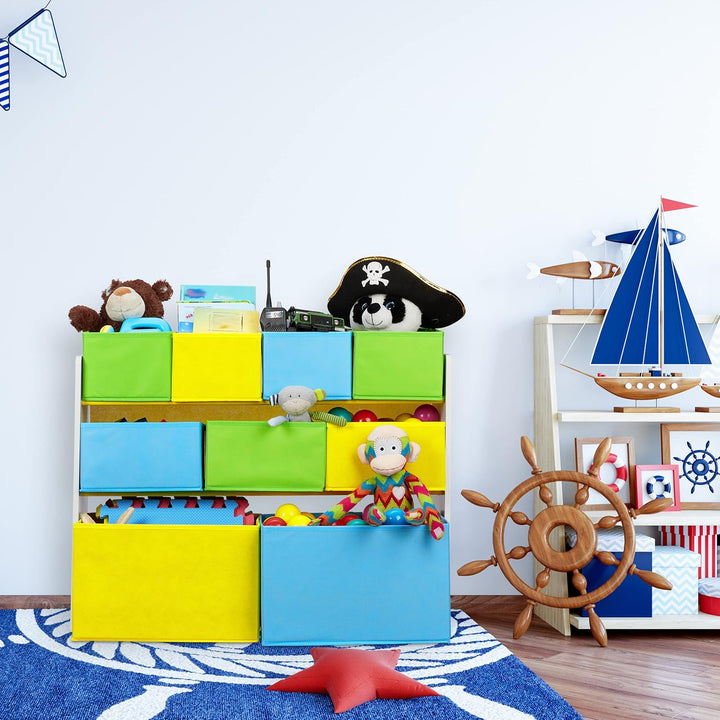 Relaxdays Kinderregal mit 9 Stoffboxen, Lagerfeuer Kindermotiv, Spielzeugregal Organizer HBT 66 x 82
