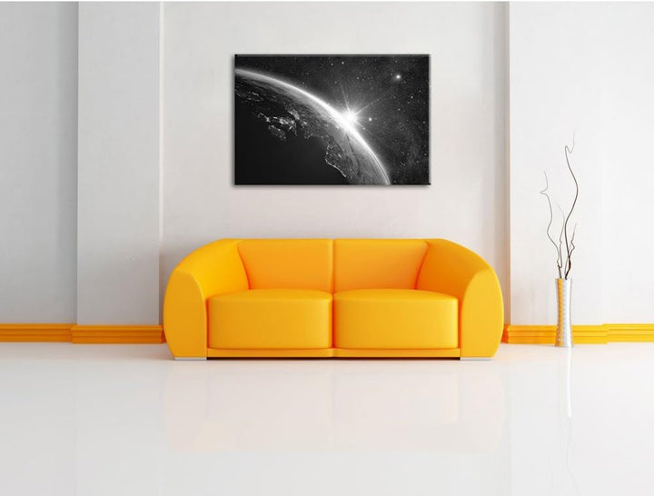 Pixxprint Die Sonne und Erde im Weltall Kunst B&W als Leinwandbild/Grösse: 100x70 / Wandbild/Kunstdr