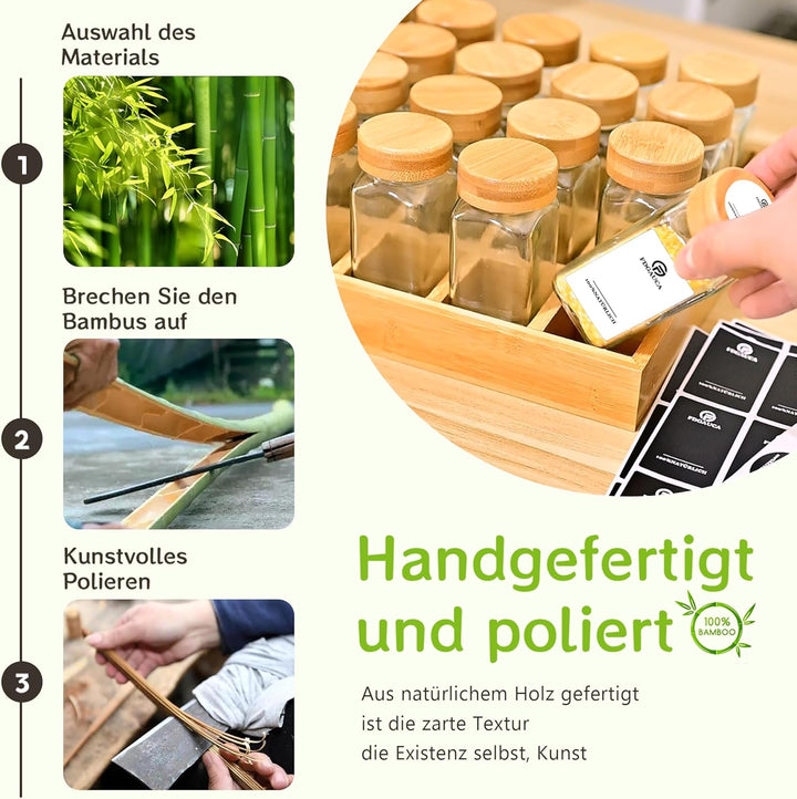 SIAZIH Umweltfreundliches Gewürzregal Holz mit 12 Bambusfächern | 12 120ml-Gewürzgläser Drawer Organ