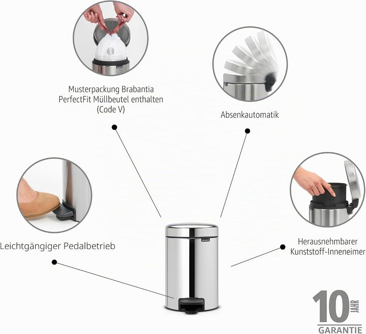 Brabantia 113147 GG172 Treteimer mit Inneneimer aus Kunststoff, stahl, Brilliant Steel, 3,Liter 3 Li