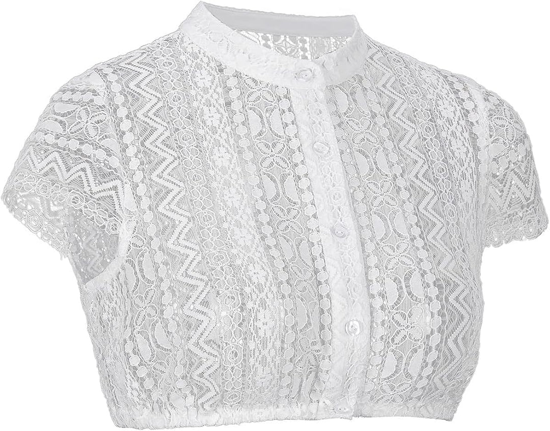 Kelliar Dirndl Bluse Damen Hochgeschlossen Elegant mit Spitze Komplexe Muster Dirndlbluse Kurzarm Tr