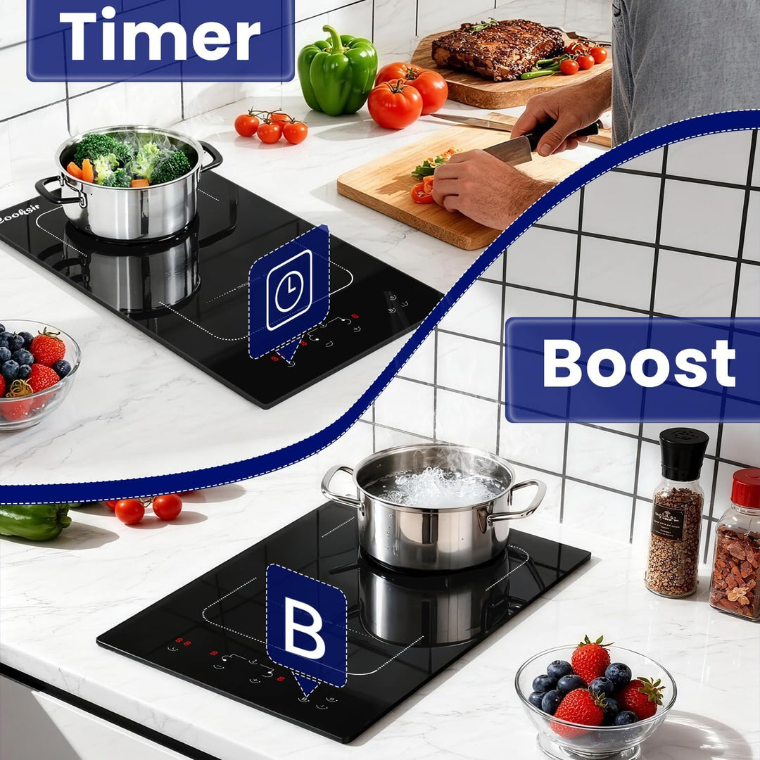 Induktionskochfeld 2 Zonen mit Stecker, Cooksir Kochfeld Induktion Doppel Autark, 3500W, Sensor-Touc