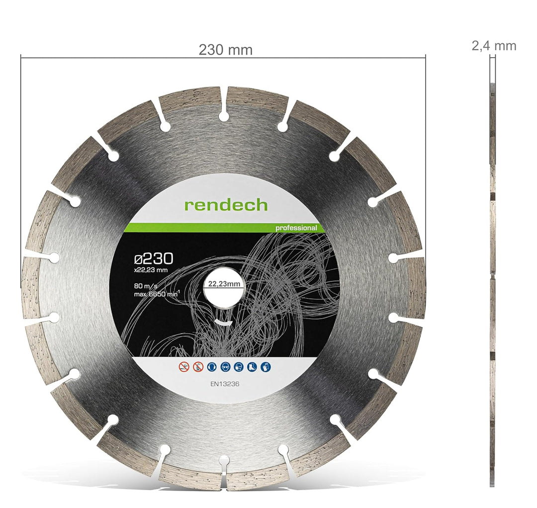 rendech® Profi Diamantscheibe 230mm für Stein, Beton, Granit, Ziegel uvm. - Diamanttrennscheibe mit