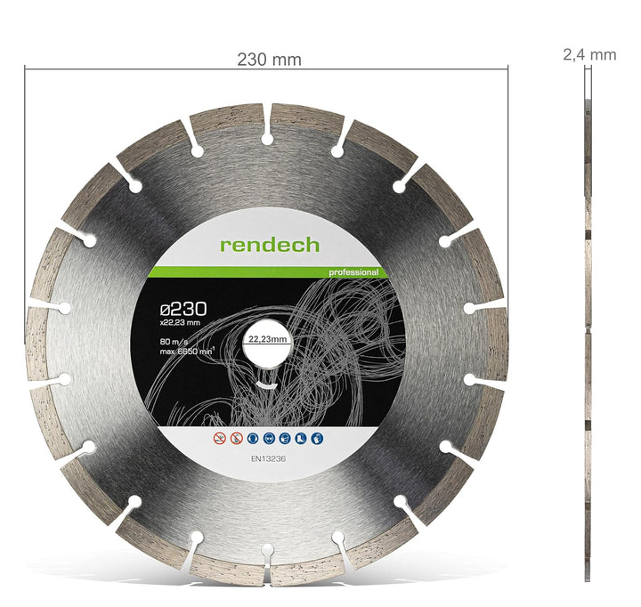 rendech® Profi Diamantscheibe 230mm für Stein, Beton, Granit, Ziegel uvm. - Diamanttrennscheibe mit