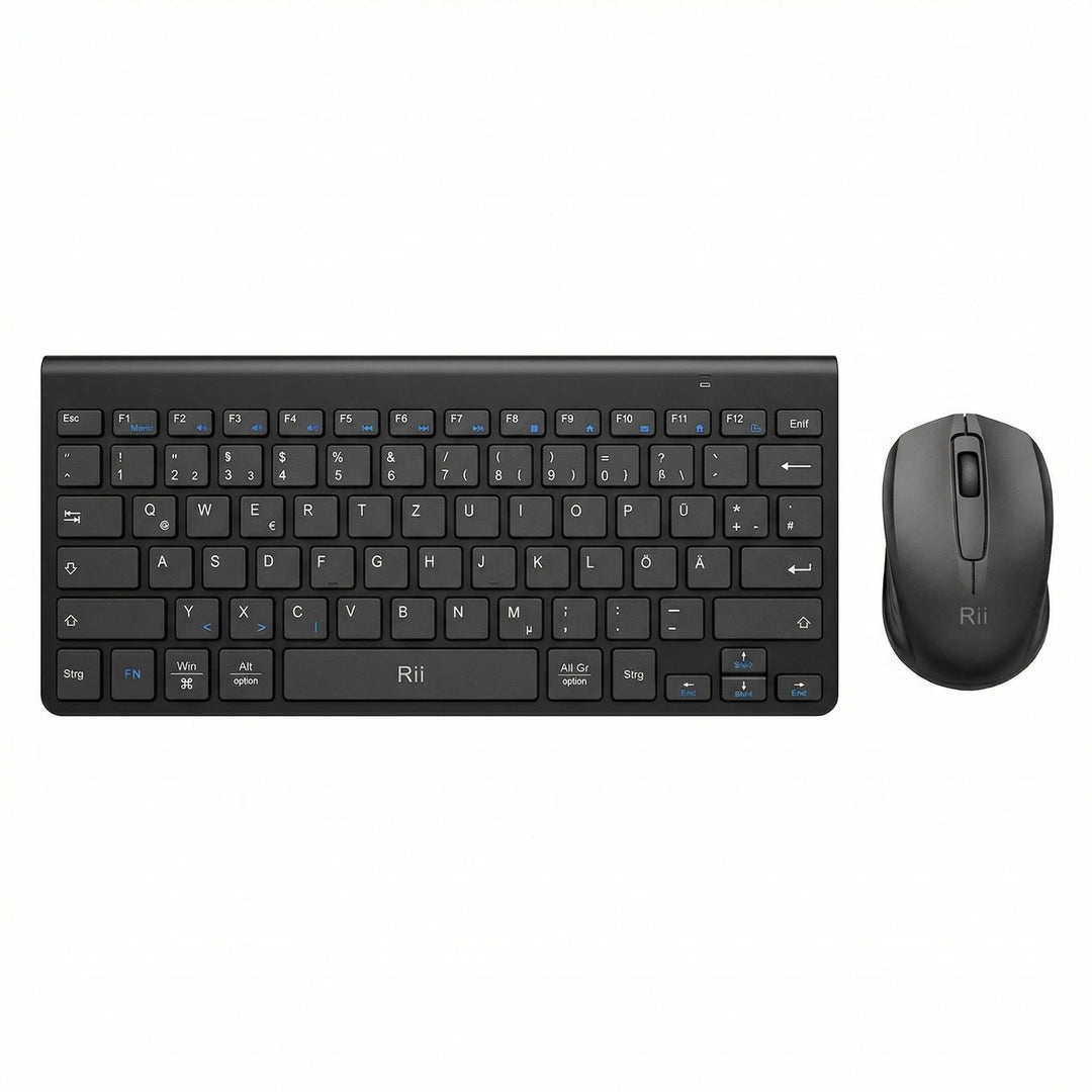 Rii Mini Tastatur Maus Set Kabellos, QWERTZ Deutsches Layout, 2,4GHz Empfänger, Superflaches Design