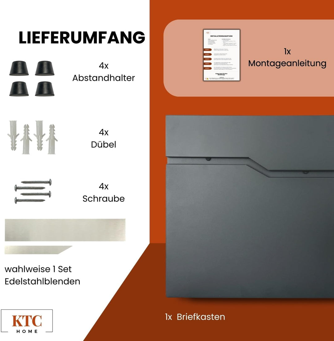 KTC- Home Premium Briefkasten Postlux 4.0 Anthrazit- mit Edelstahlblende- UV & Witterungsbeständig -