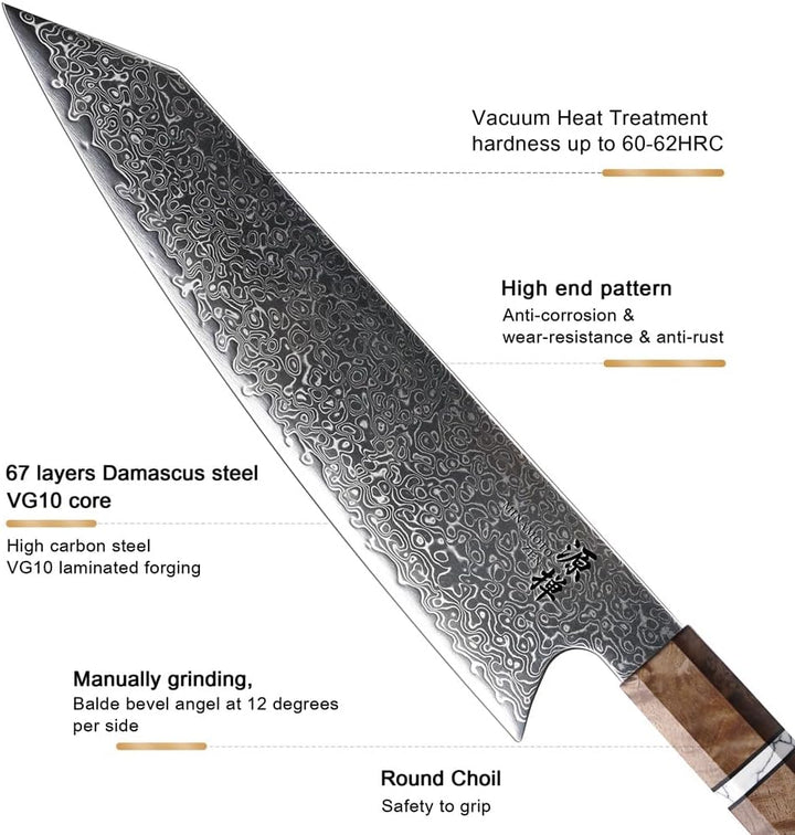 Kokuga Damastmesser – VG10 Damaststahl, 67 Lagen – Rasiermesserscharfe Klinge – Ergonomischer Griff