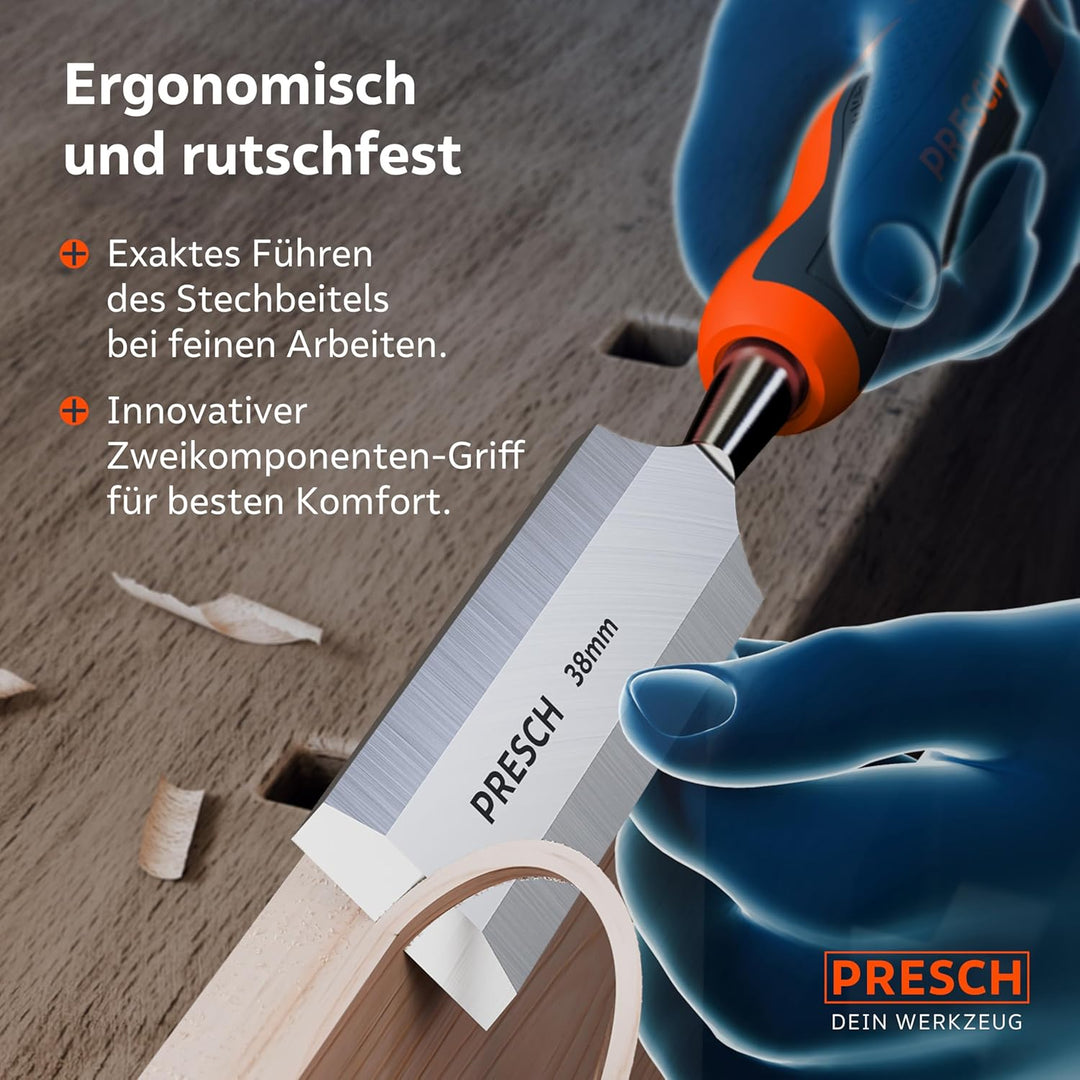 Presch Stechbeitel Set für Holz 6tlg. - Scharfes Stecheisen Set (6, 12, 18, 24, 32, 38mm) - Profi Be