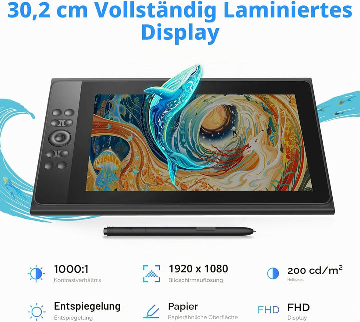 UGEE 147 % sRGB Grafiktablett mit UE12P-Display, 11,9 Zoll (29,5 cm), blendfrei, Grafiktablett ohne