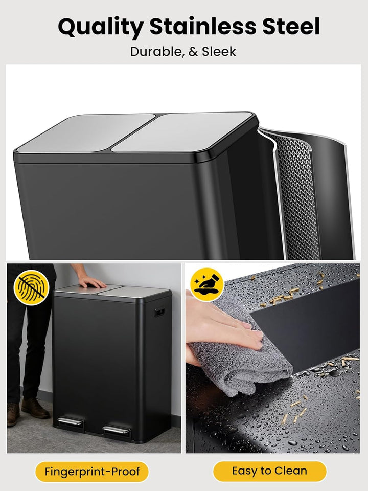 YEAUPE PRO Mülleimer Küche 2x30L Edelstahl, 60L Schwarz Doppel Treteimer Mülltrennung, Abfalleimer m
