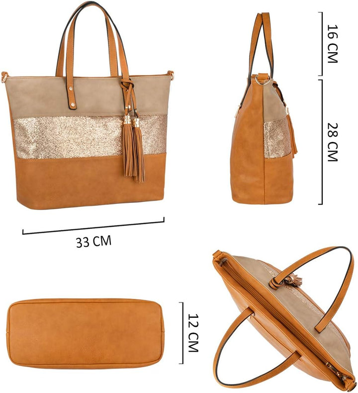 CRAZYCHIC - Damen Streifen Pailletten Handtasche - Tote Shopper Weiches PU Leder - Schultertasche Um