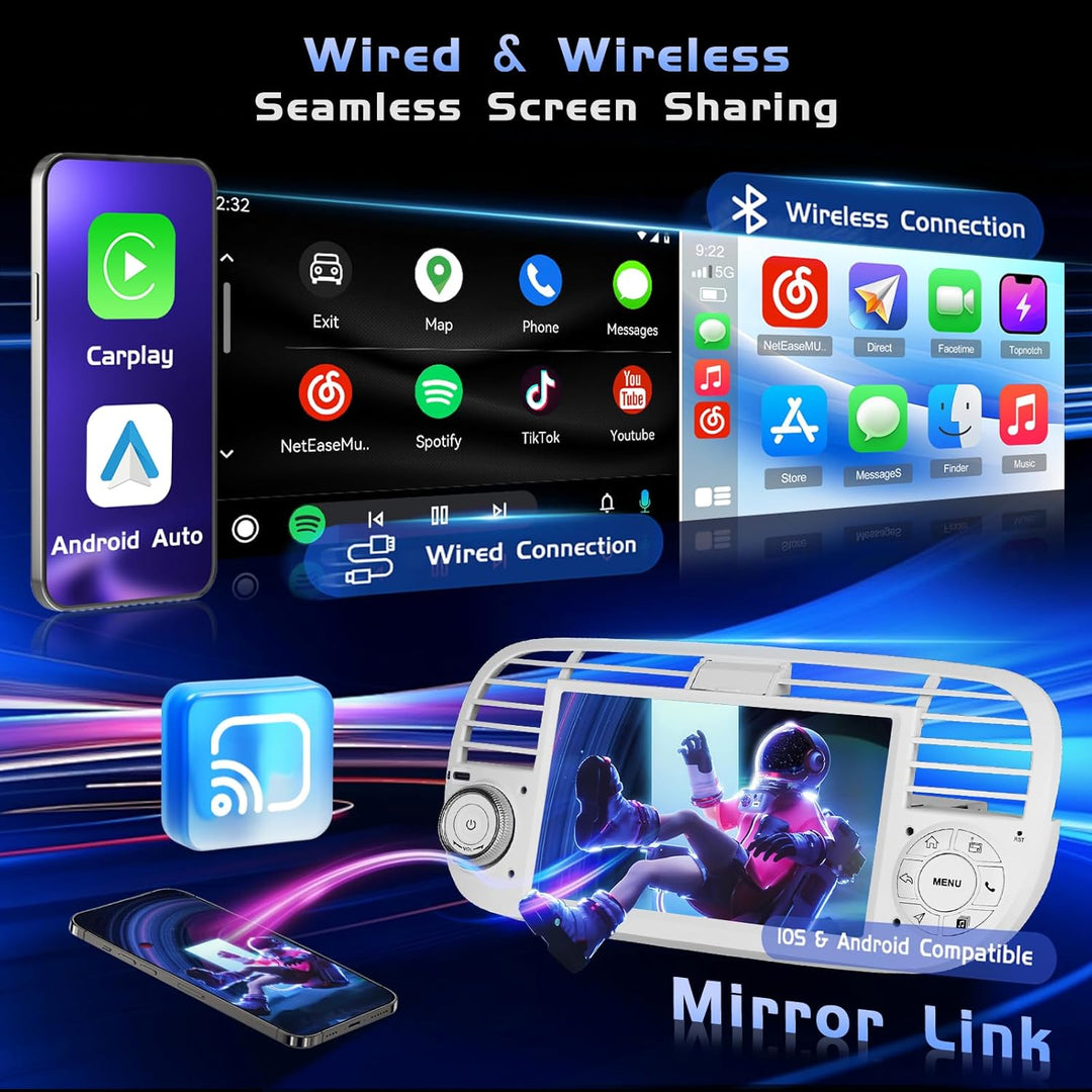 Hikity 4+128G Android Autoradio mit Bildschirm für FIAT 500 2007-2015 Wireless Carplay, Autoradio mi