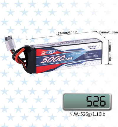 SIGP 4S 14.8V Lipo Battery 5000mAh 100C Soft Case with Deans EC5 Plug for RC Car Truck Boat Vehicles