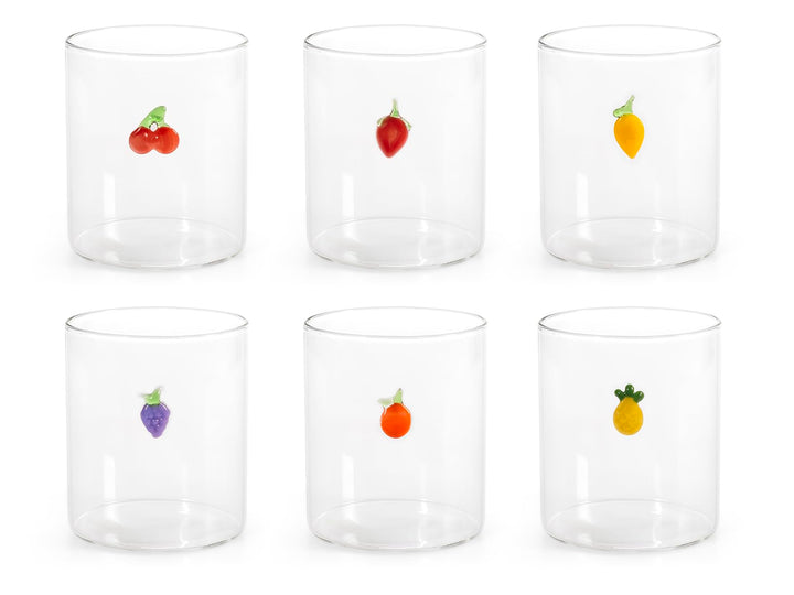 H&H Set mit 6 Gläsern – Borosilikatglas – 42 cl – Externe Miniaturen mit Fruchtdekor – Spülmaschinen