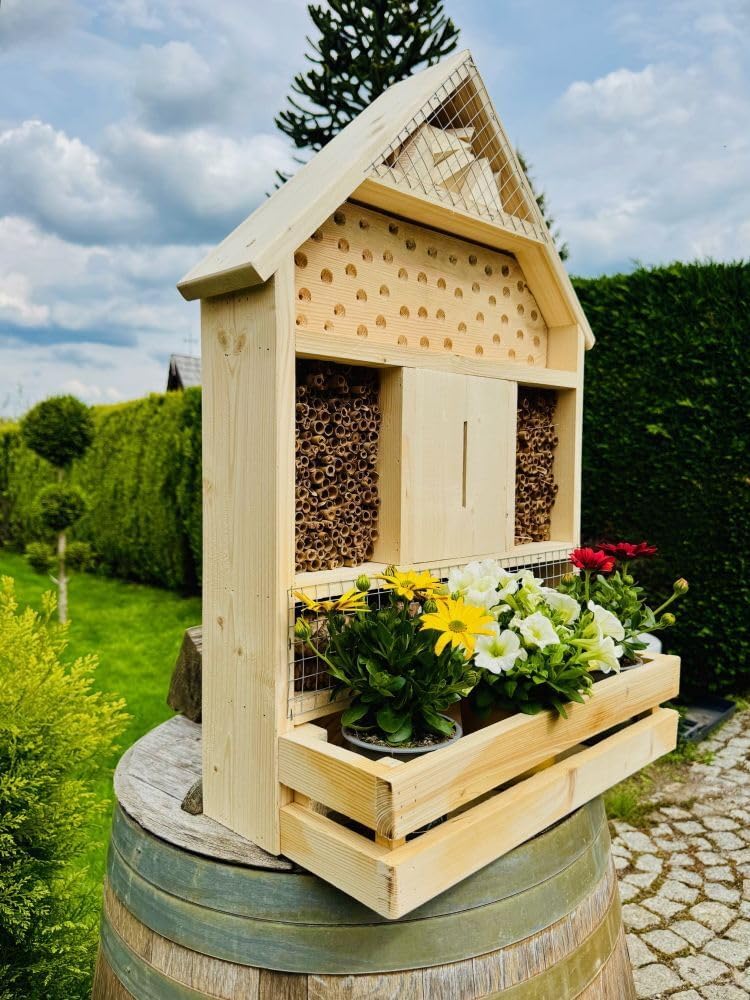 handgefertigtes Insektenhotel XL Wildbienen Nisthilfe I Insektenhaus mit Blumenkasten aus Holz und S
