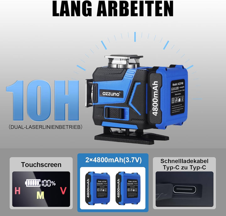 Laserstufe 4x360° Grünstrahl mit LCD-Bildschirm, Selbstnivellierendes Werkzeug mit wiederaufladbarem