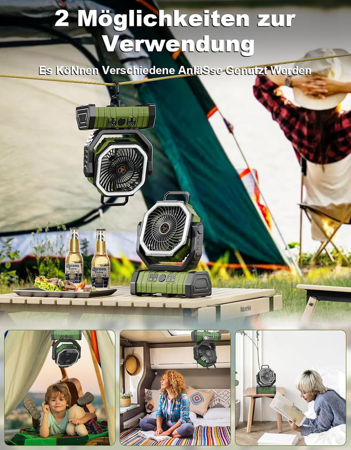 Richday Ventilator mit LED-Laterne 4 Geschwindigkeiten Camping Ventilator Leise Ventilator 20000mAh