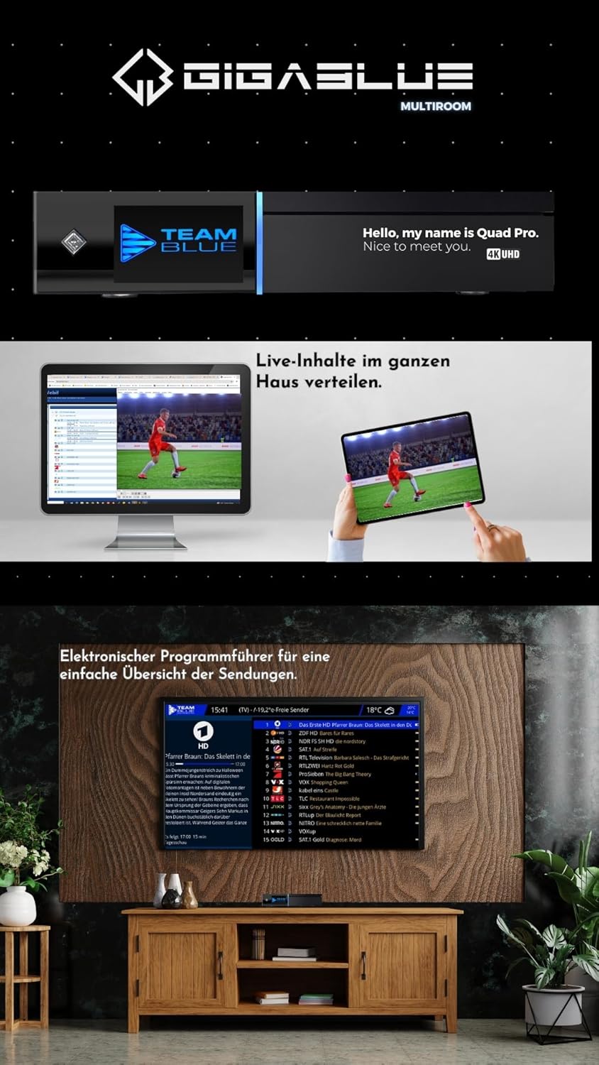 GigaBlue UHD Quad 4K Pro – PVR-Receiver mit HBB-TV, Bluetooth 5.4, 2X FBC DVB-S2 Tuner, Gigabit-LAN