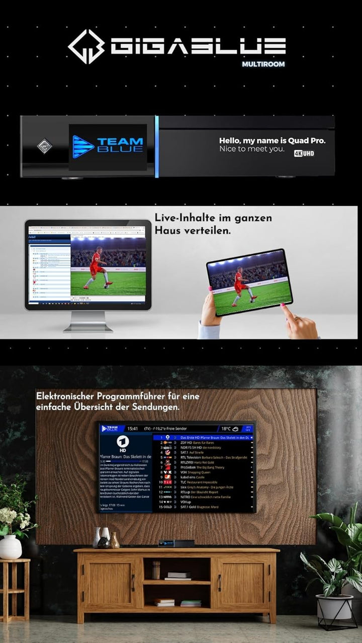 GigaBlue UHD Quad 4K Pro – PVR-Receiver mit HBB-TV, Bluetooth 5.4, 2X FBC DVB-S2 Tuner, Gigabit-LAN