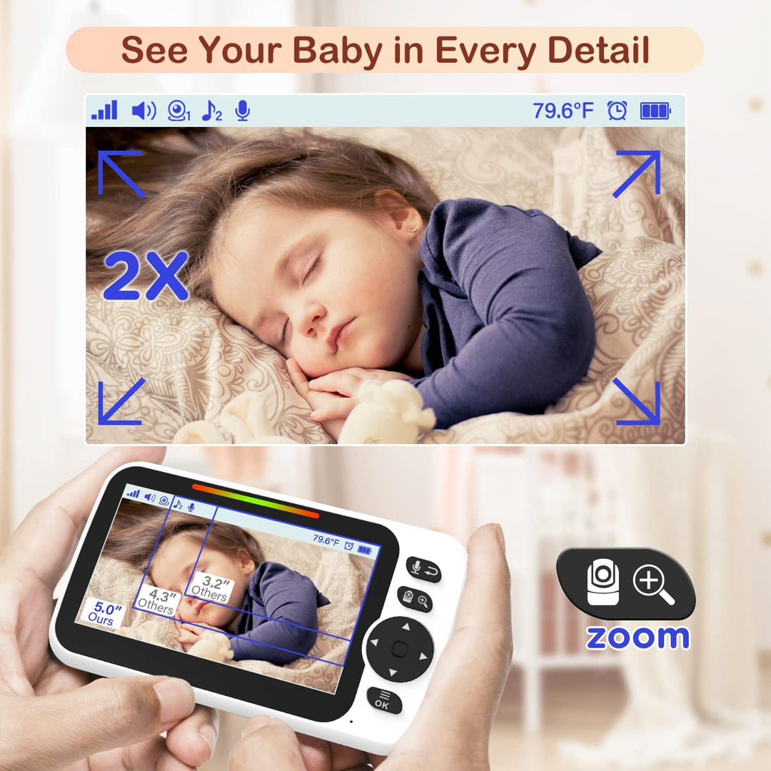 Babyphone mit Kamera und Audio 30 Stunden wiederaufladbare Batterie, 5" grosser Bildschirm, ferngest