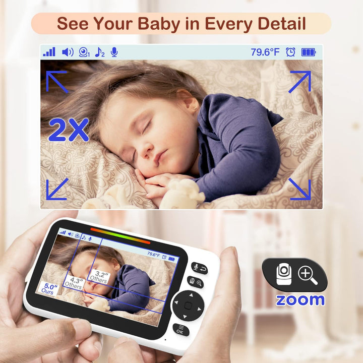 Babyphone mit Kamera und Audio 30 Stunden wiederaufladbare Batterie, 5" grosser Bildschirm, ferngest