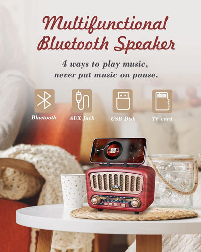 RUNUS J-180 AM/FM/SW Retro Radio mit Bluetooth 5.0, Nostalgie Radio Klein mit 1800mAh Akku, Unterstü