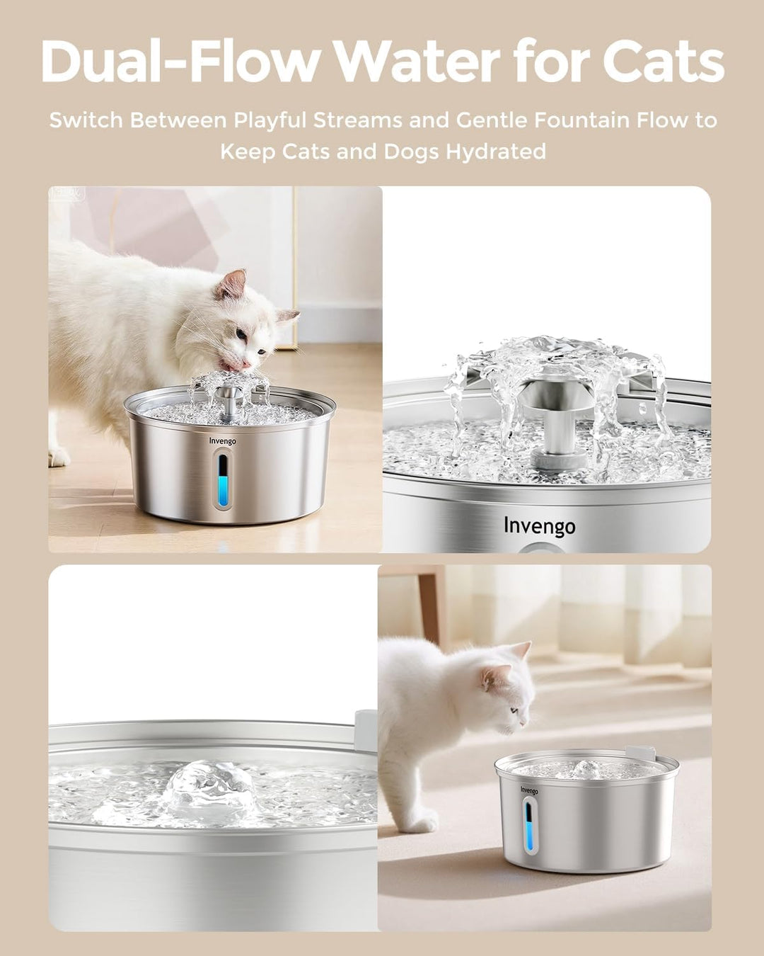 Katzenbrunnen Edelstahl, 3.2L Ultra-Leiser Trinkbrunnen für Katze mit Wasserstandsanzeige und 5-Fach