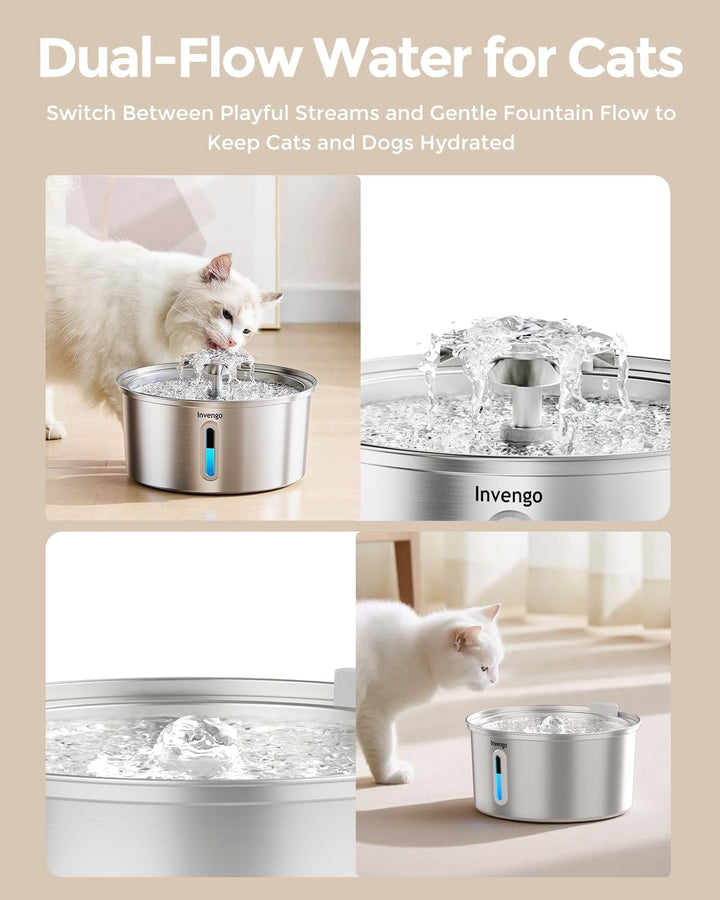 Katzenbrunnen Edelstahl, 3.2L Ultra-Leiser Trinkbrunnen für Katze mit Wasserstandsanzeige und 5-Fach