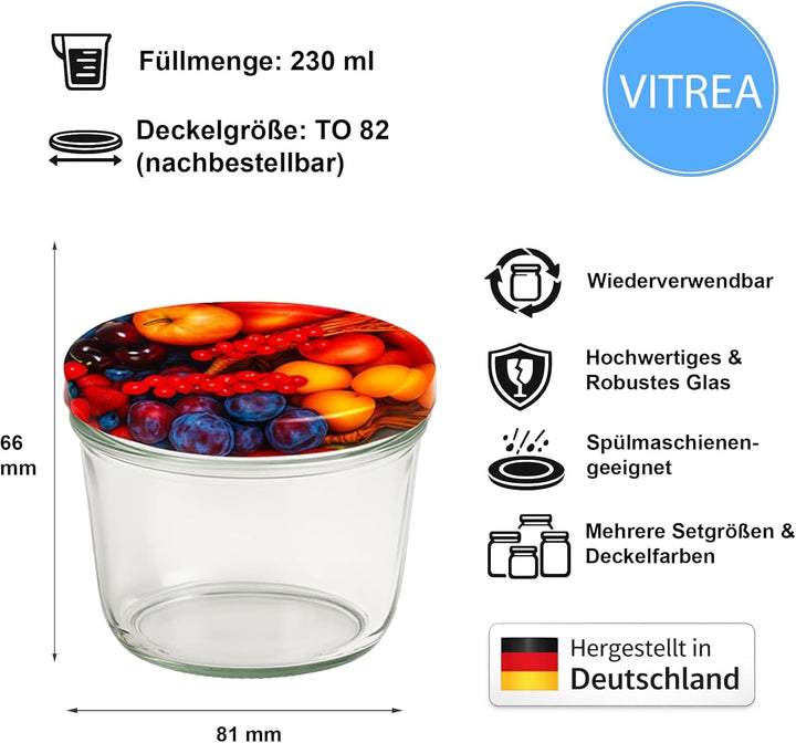 Vitrea 50x Marmeladengläser 230 ml - mit Deckel Obst TO 82 - Einmachgläser zum befüllen mit Schraubd