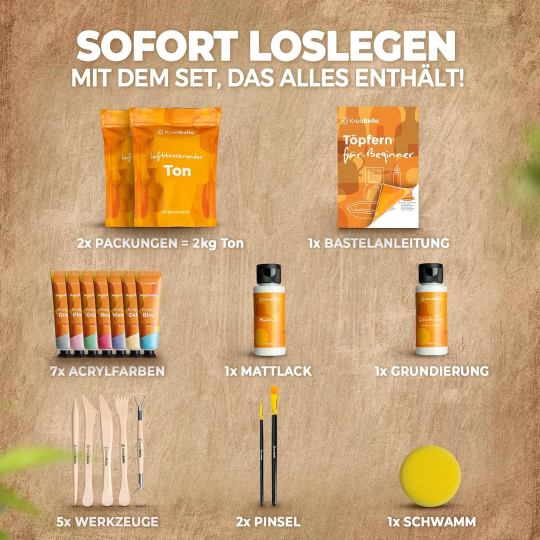 KreaBella Töpferset - DIY töpfern für Zuhause, Lufttrocknender Ton zum basteln, selbsttrocknender To