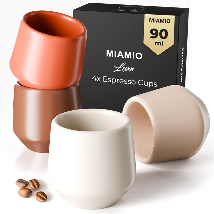 MIAMIO - Espressotassen 4er Set ohne Henkel (90 ml), Keramik Espresso Tassen dickwandig, Moderne Ste