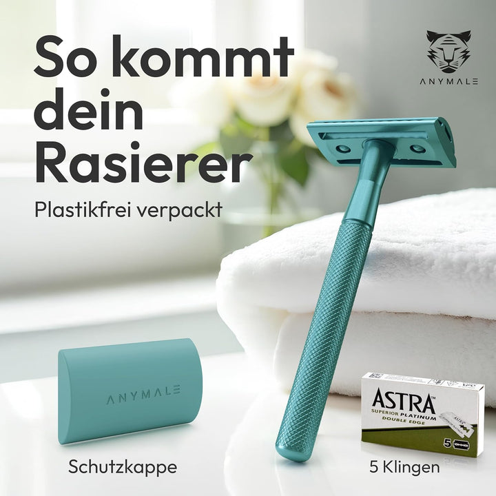 ANYMALE® Rasierhobel Azure Edition - inklusive 5 ASTRA Klingen - Plastikfreier Rasierer für Damen un