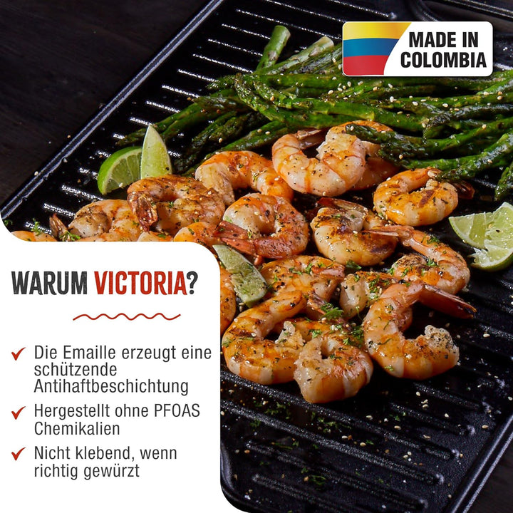 VICTORIA Grillplatte Emailliertes Gusseisen Grillpfanne 50 X 35cm Doppelseitig Verwendbar, für Feuer