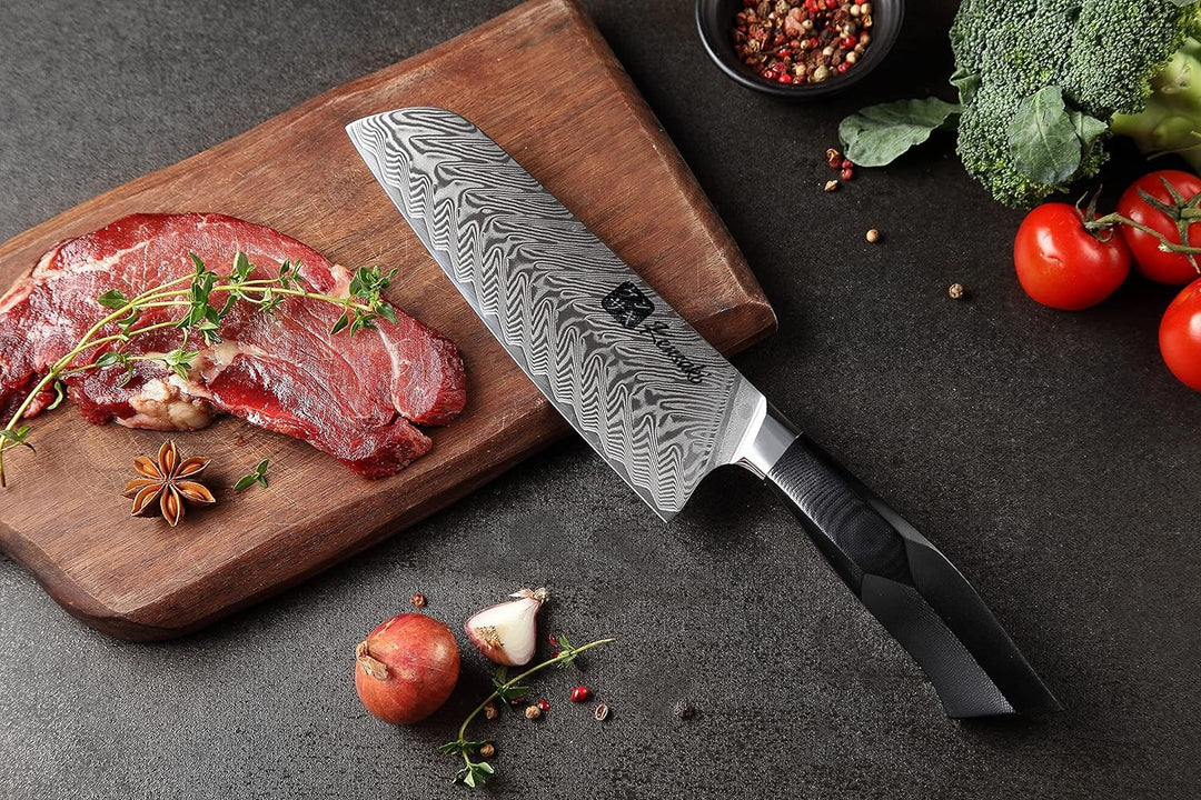 Kensaki Santoku Messer aus Damaszener Stahl Küchenmesser Japanischer Art hergestellt aus 67 Lagen Da